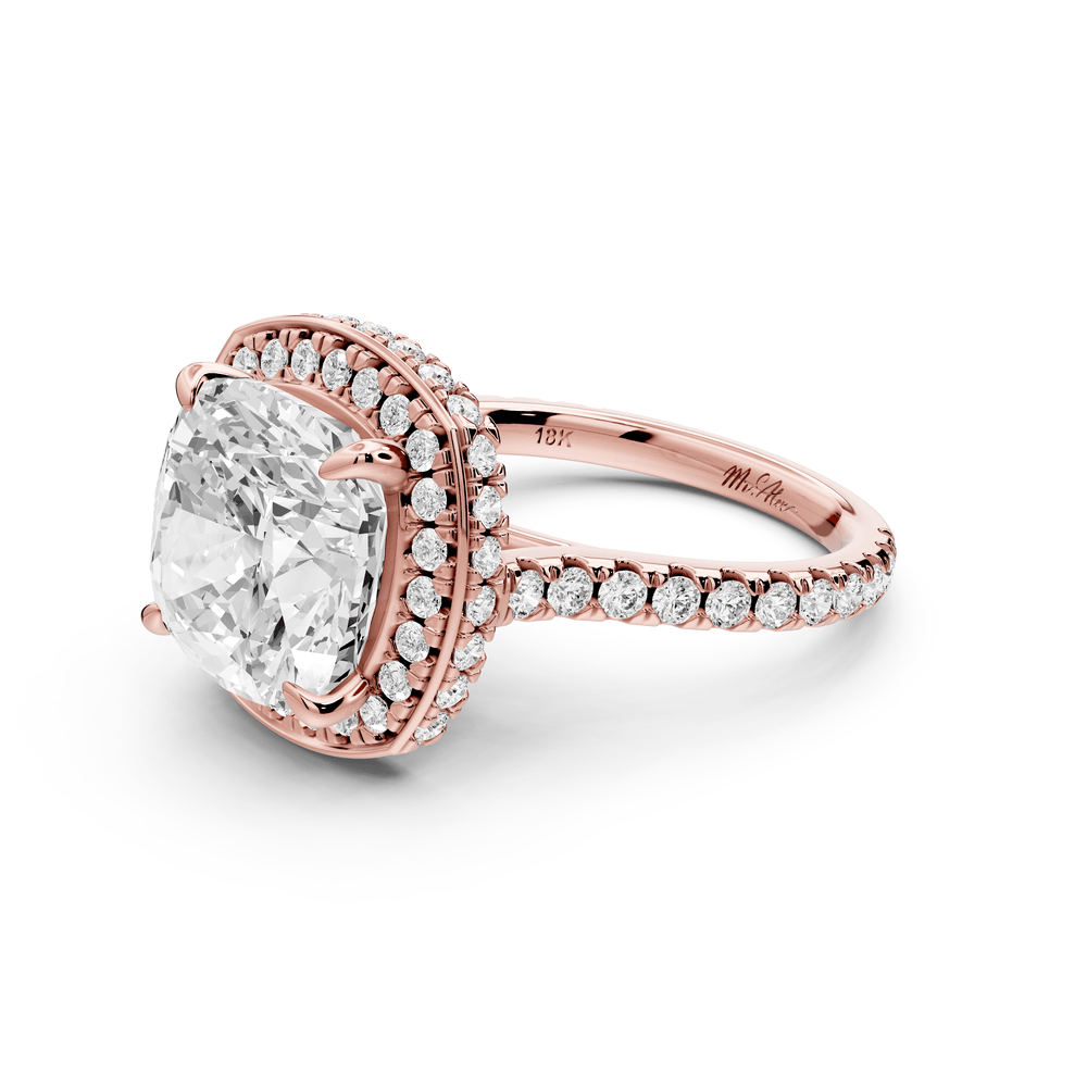 Beatrice - 5ct 18k rose gold cushion stone in rollover halo with diamond bridge and pavé engagement ring - Mr. Alex Jewelry