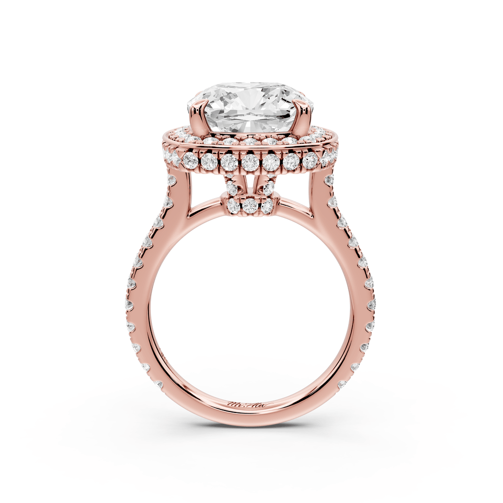Beatrice - 5ct 18k rose gold cushion stone in rollover halo with diamond bridge and pavé engagement ring - Mr. Alex Jewelry