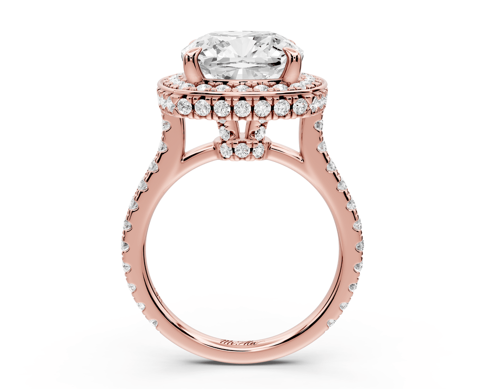 Beatrice - 5ct 18k rose gold cushion stone in rollover halo with diamond bridge and pavé engagement ring - Mr. Alex Jewelry