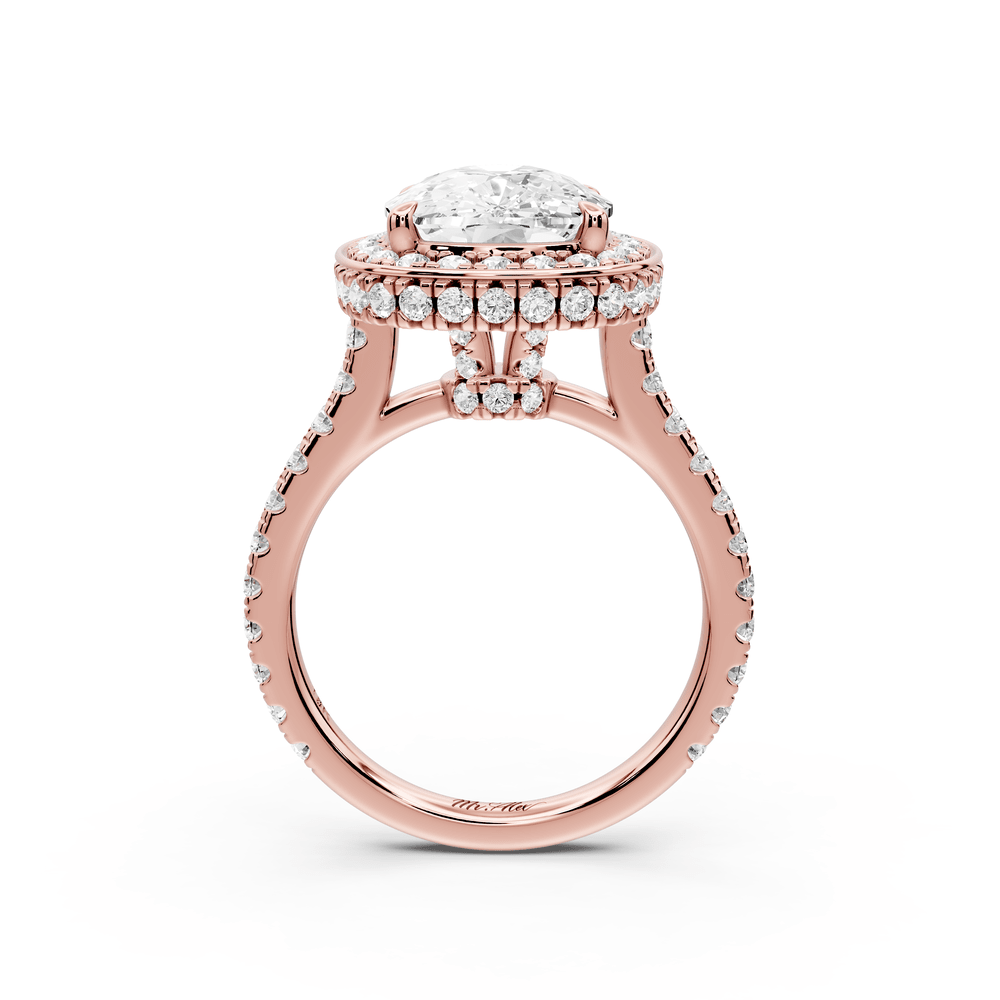 Beatrice - 5ct 18k rose gold ecushion stone in rollover halo with diamond bridge and pavé engagement ring - Mr. Alex Jewelry