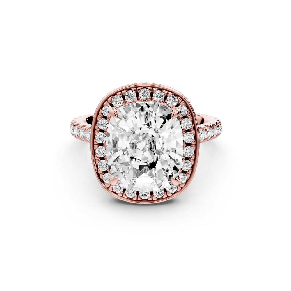 Beatrice - 5ct 18k rose gold ecushion stone in rollover halo with diamond bridge and pavé engagement ring - Mr. Alex Jewelry
