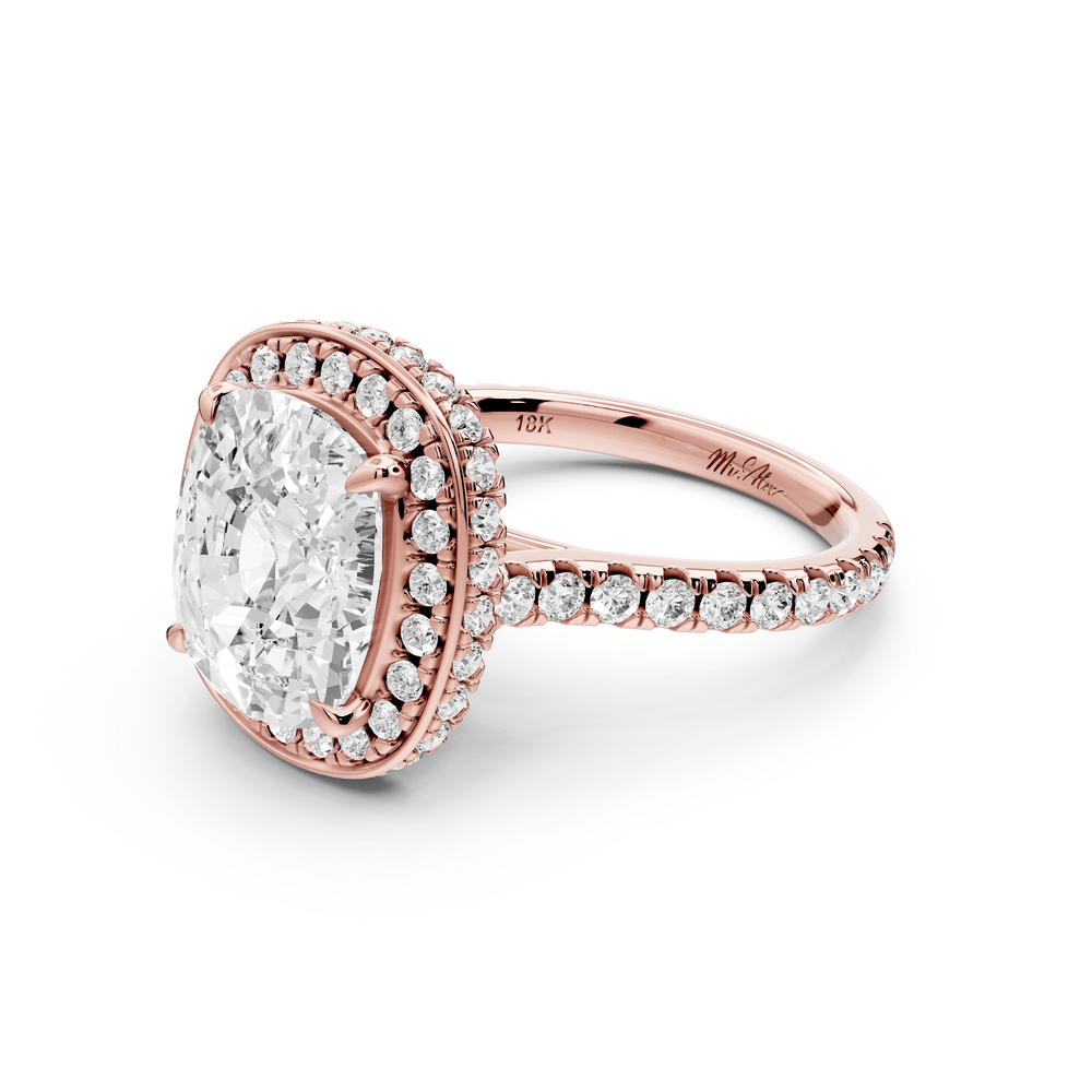 Beatrice - 5ct 18k rose gold ecushion stone in rollover halo with diamond bridge and pavé engagement ring - Mr. Alex Jewelry