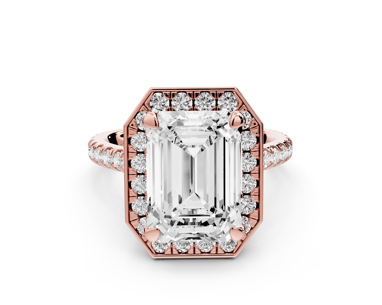 Beatrice - 5ct 18k rose gold emerald stone in rollover halo with diamond bridge and pavé engagement ring - Mr. Alex Jewelry