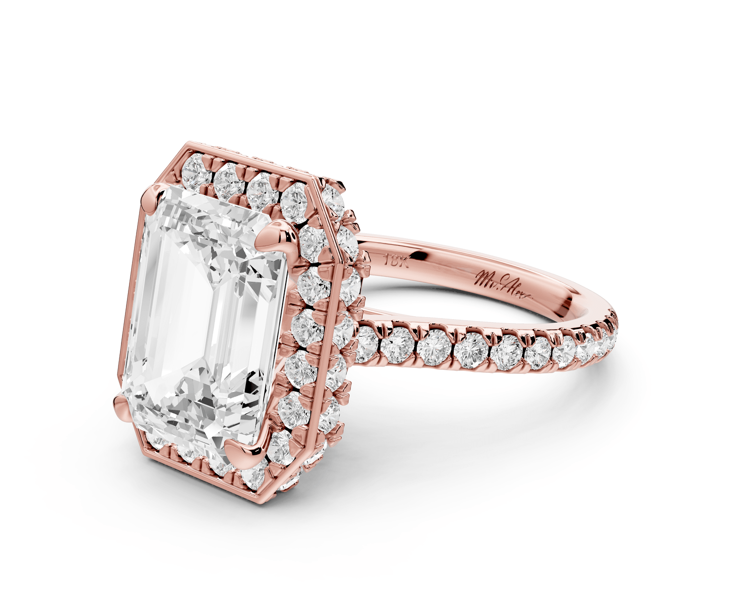 Beatrice - 5ct 18k rose gold emerald stone in rollover halo with diamond bridge and pavé engagement ring - Mr. Alex Jewelry