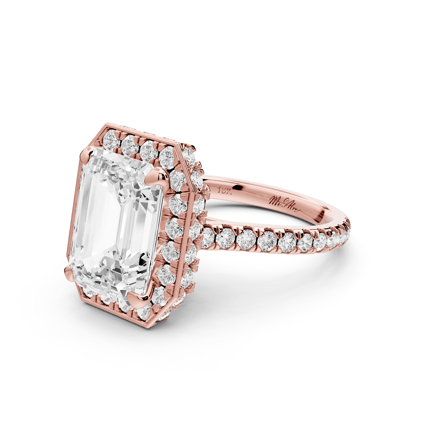 Beatrice - 5ct 18k rose gold emerald stone in rollover halo with diamond bridge and pavé engagement ring - Mr. Alex Jewelry
