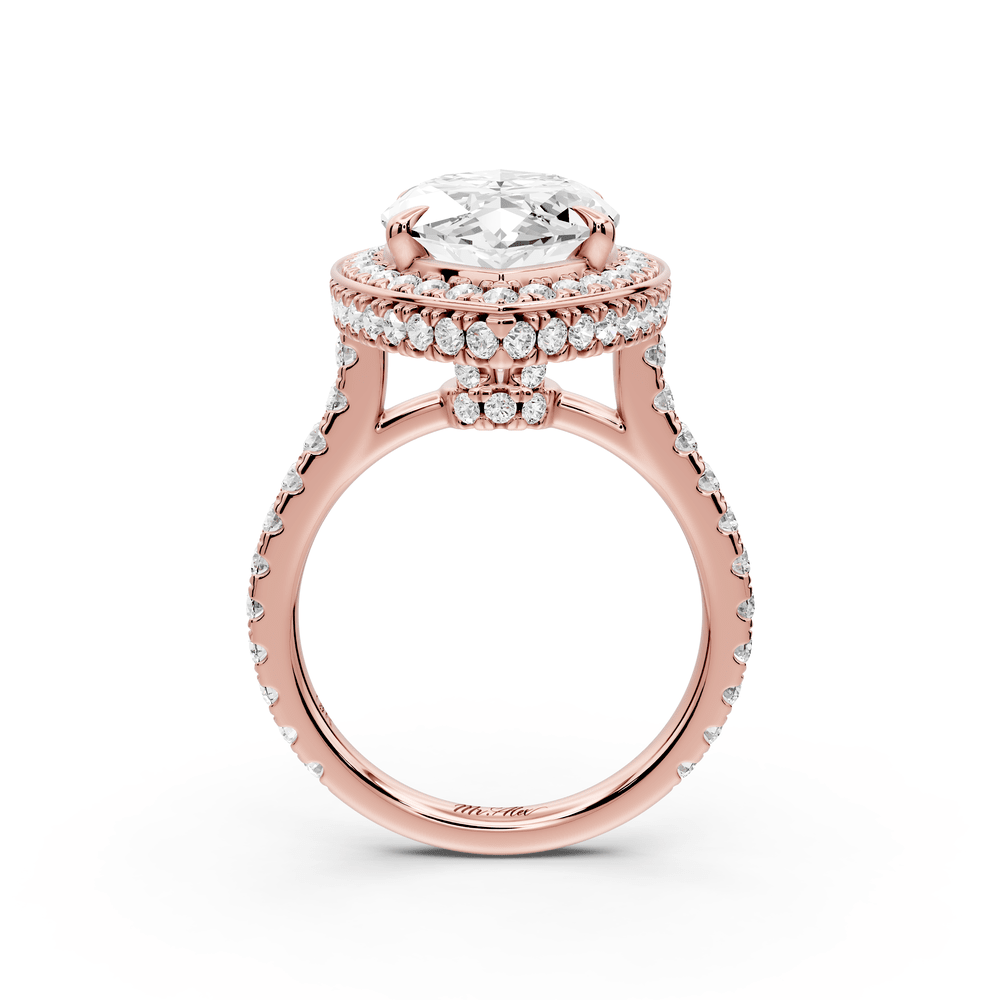 Beatrice - 5ct 18k rose gold marquise stone in rollover halo with diamond bridge and pavé engagement ring - Mr. Alex Jewelry