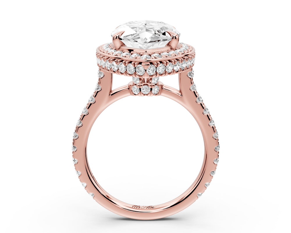 Beatrice - 5ct 18k rose gold marquise stone in rollover halo with diamond bridge and pavé engagement ring - Mr. Alex Jewelry