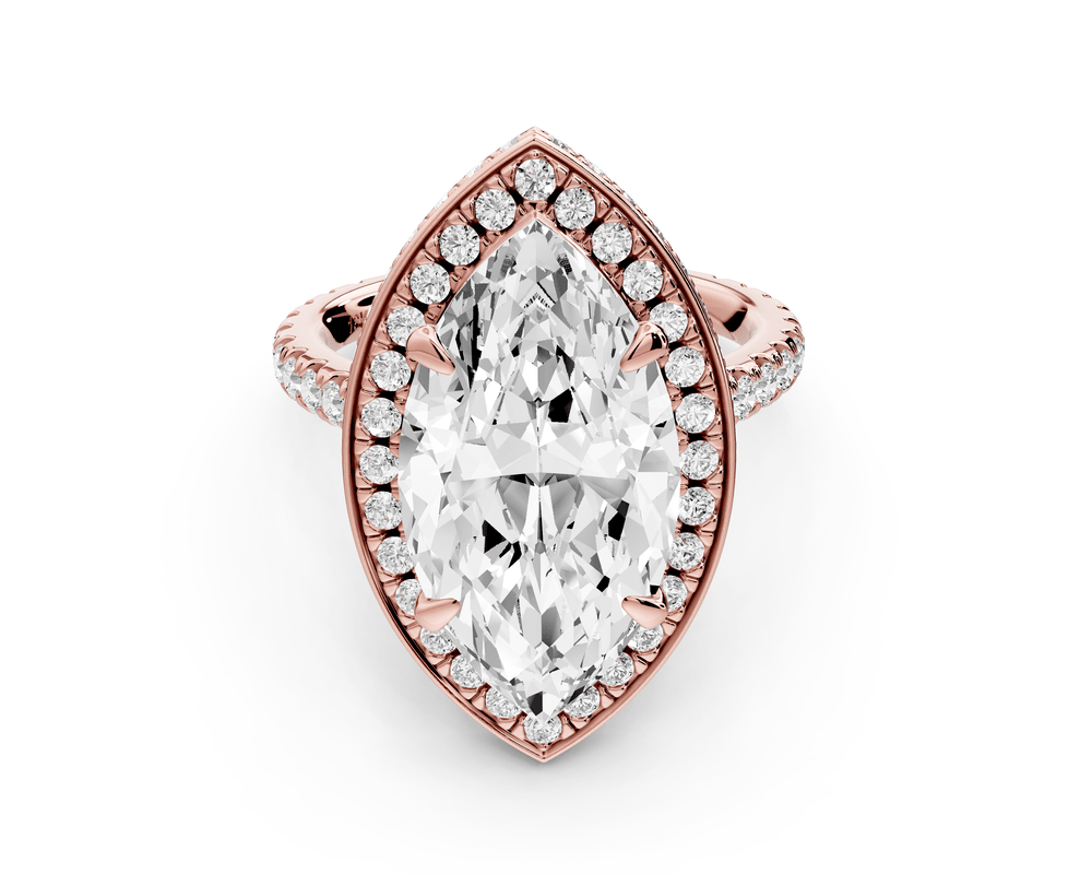 Beatrice - 5ct 18k rose gold marquise stone in rollover halo with diamond bridge and pavé engagement ring - Mr. Alex Jewelry
