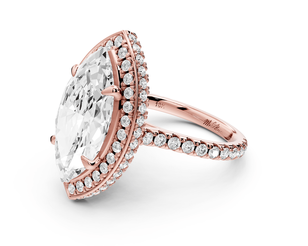 Beatrice - 5ct 18k rose gold marquise stone in rollover halo with diamond bridge and pavé engagement ring - Mr. Alex Jewelry