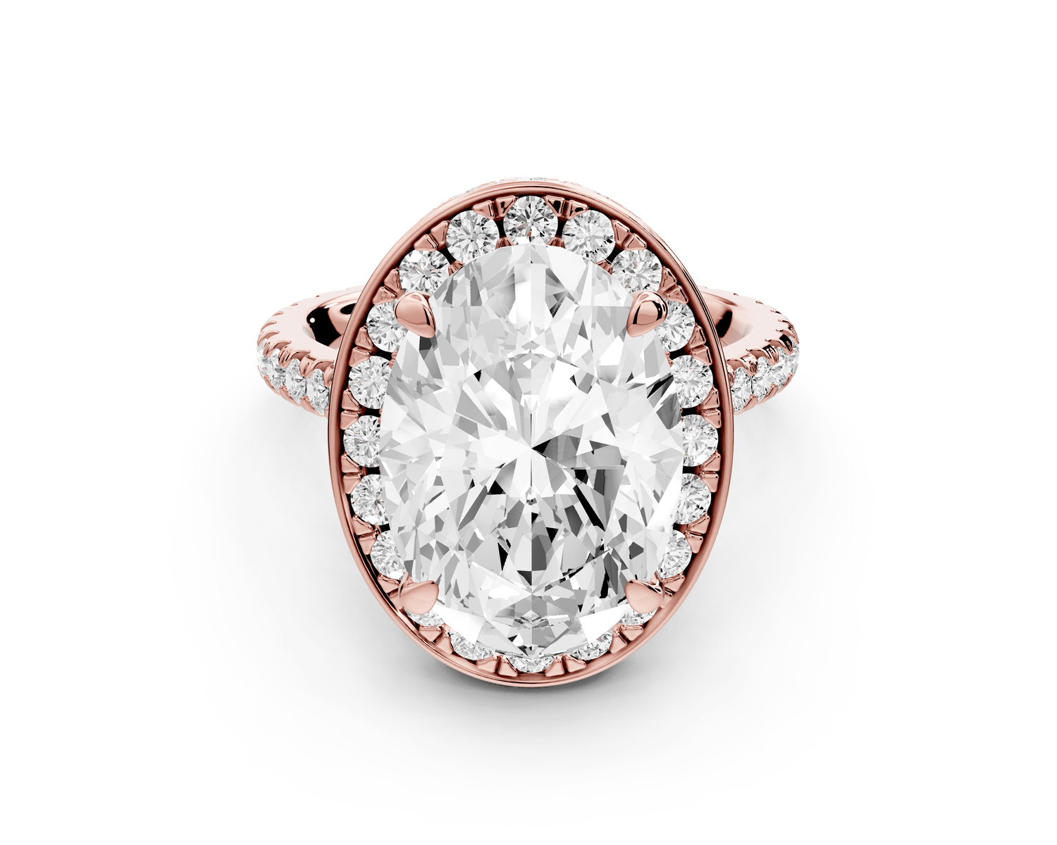 Beatrice - 5ct 18k rose gold oval stone in rollover halo with diamond bridge and pavé engagement ring - Mr. Alex Jewelry