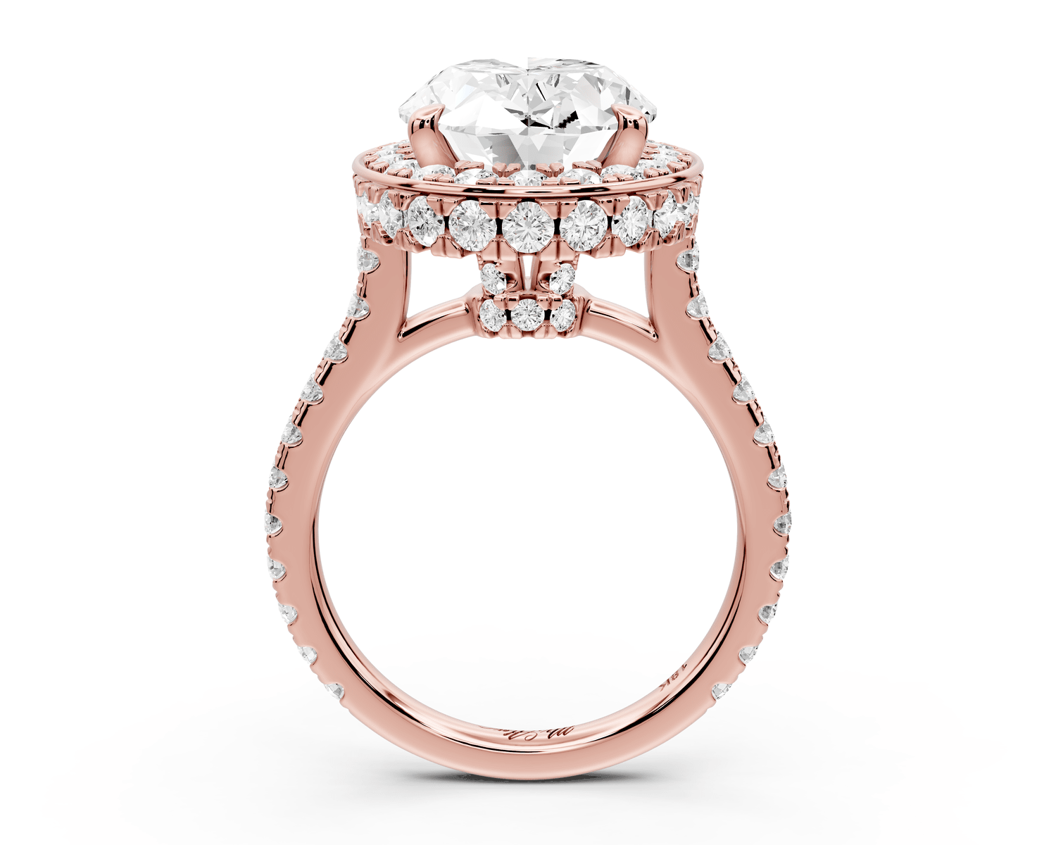 Beatrice - 5ct 18k rose gold oval stone in rollover halo with diamond bridge and pavé engagement ring - Mr. Alex Jewelry