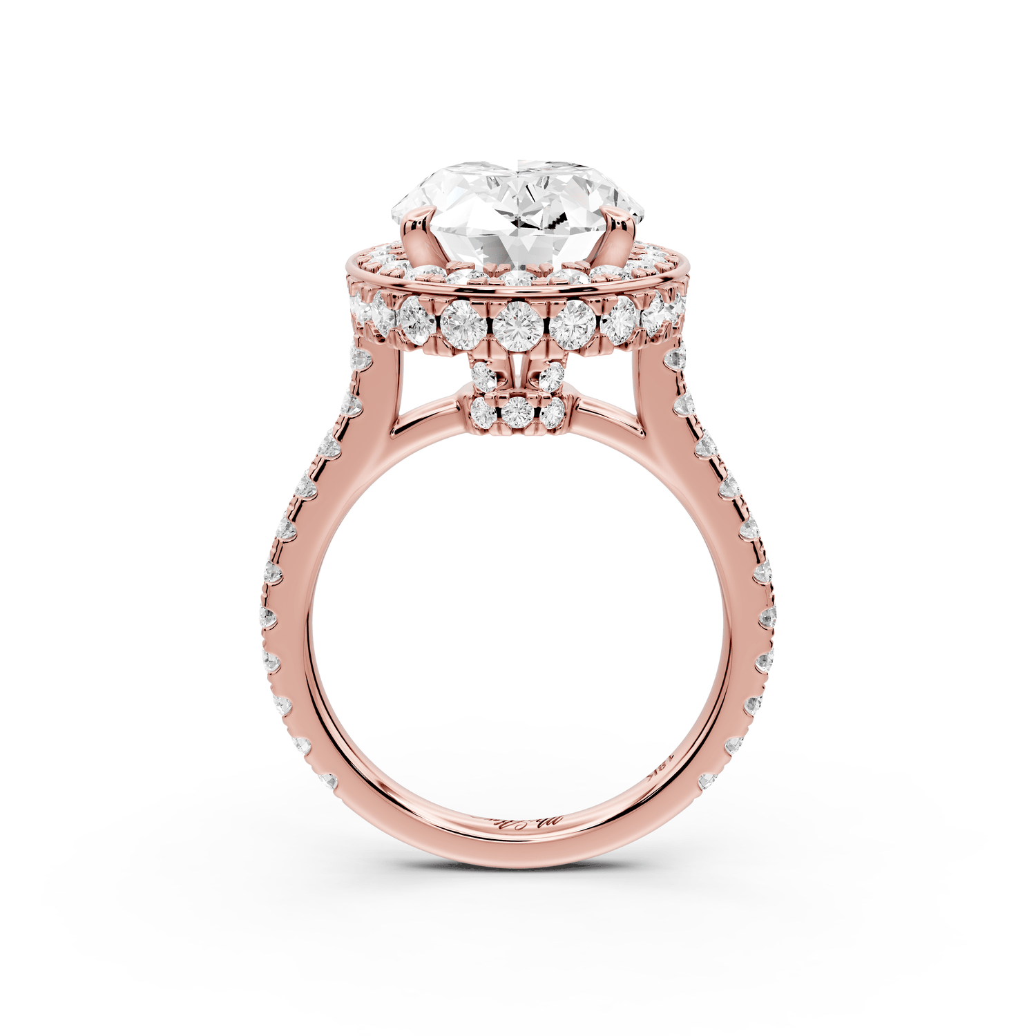 Beatrice - 5ct 18k rose gold oval stone in rollover halo with diamond bridge and pavé engagement ring - Mr. Alex Jewelry