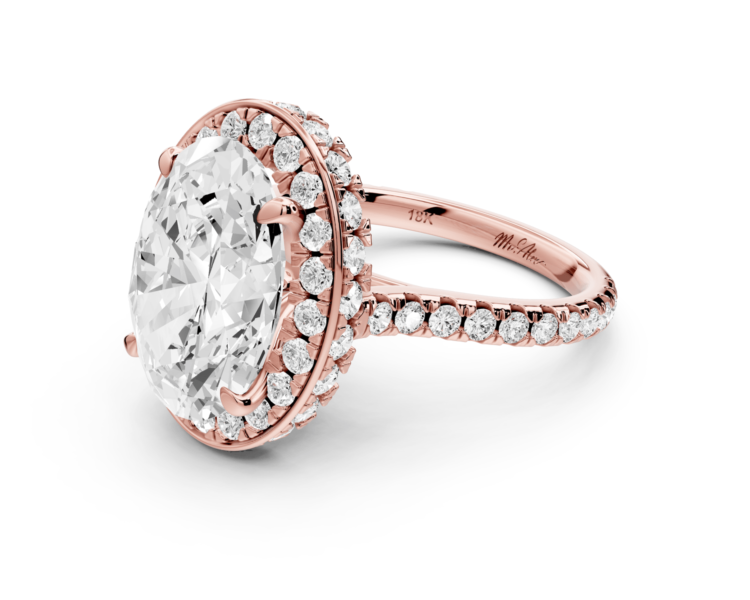Beatrice - 5ct 18k rose gold oval stone in rollover halo with diamond bridge and pavé engagement ring - Mr. Alex Jewelry