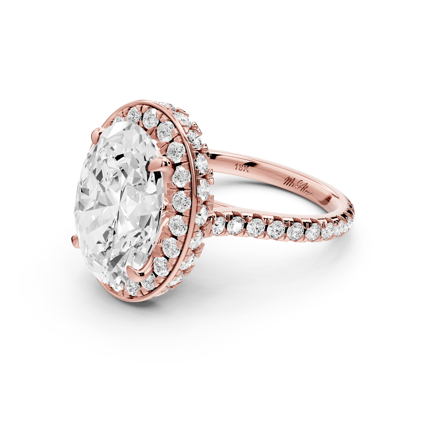 Beatrice - 5ct 18k rose gold oval stone in rollover halo with diamond bridge and pavé engagement ring - Mr. Alex Jewelry