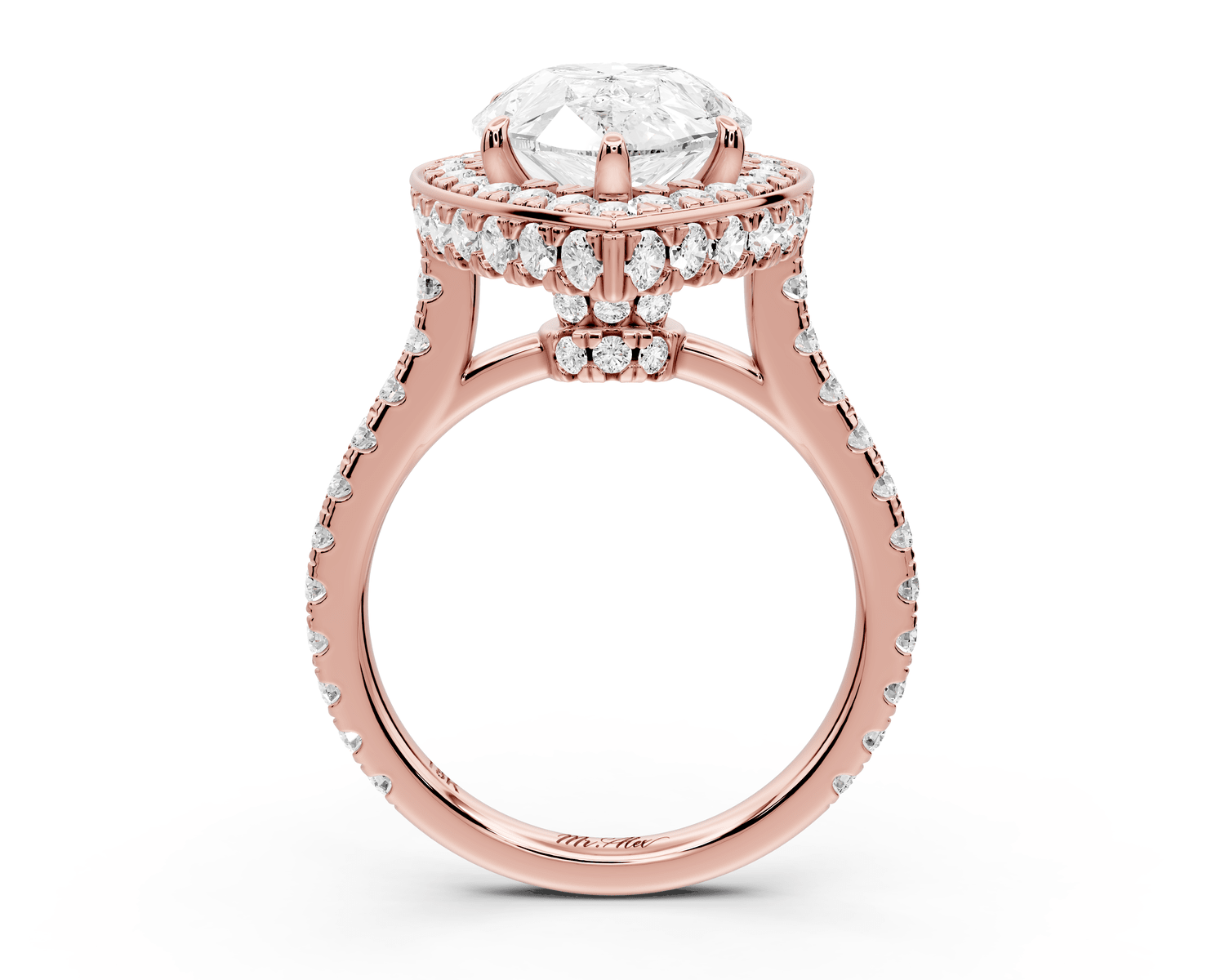 Beatrice - 5ct 18k rose gold pear stone in rollover halo with diamond bridge and pavé engagement ring - Mr. Alex Jewelry