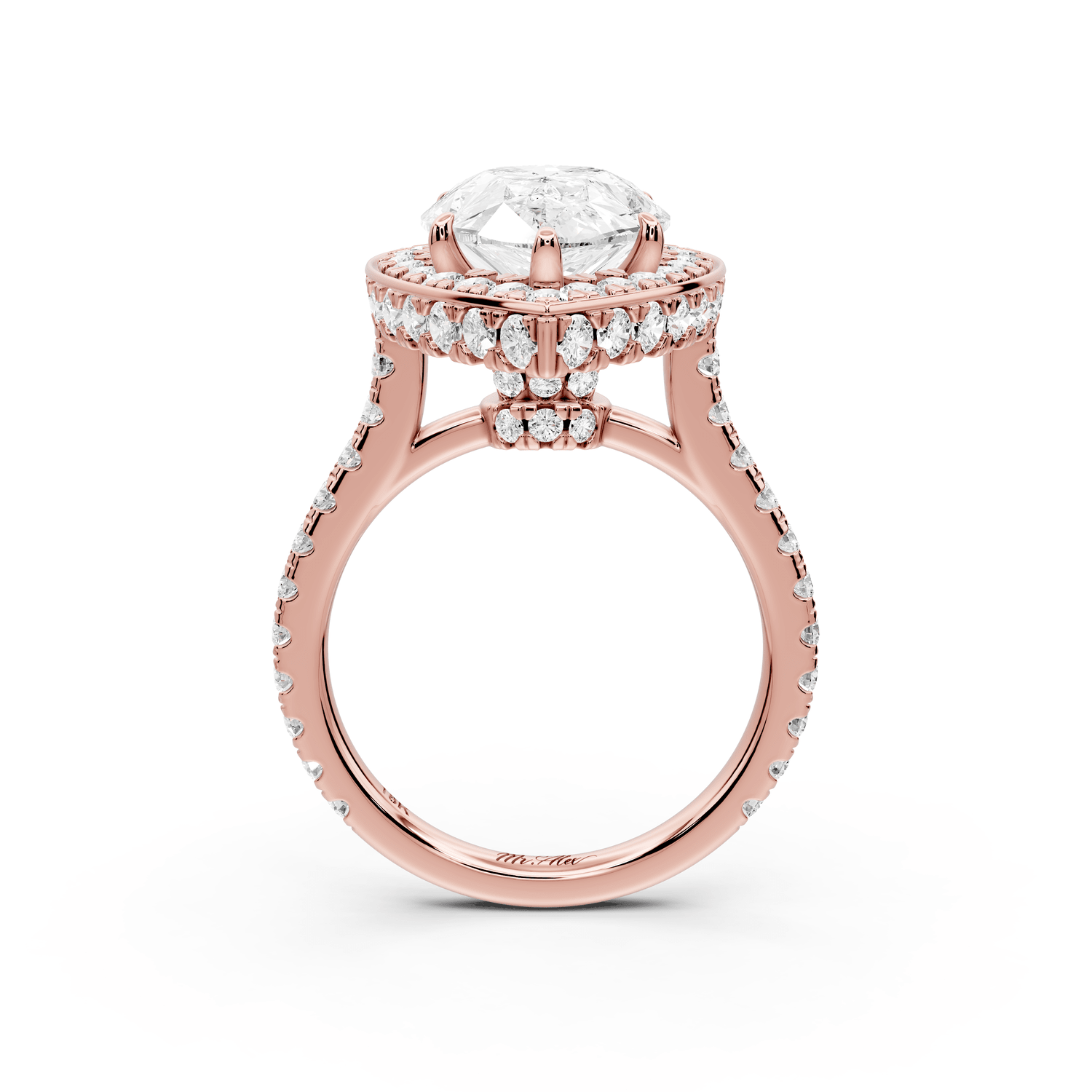 Beatrice - 5ct 18k rose gold pear stone in rollover halo with diamond bridge and pavé engagement ring - Mr. Alex Jewelry