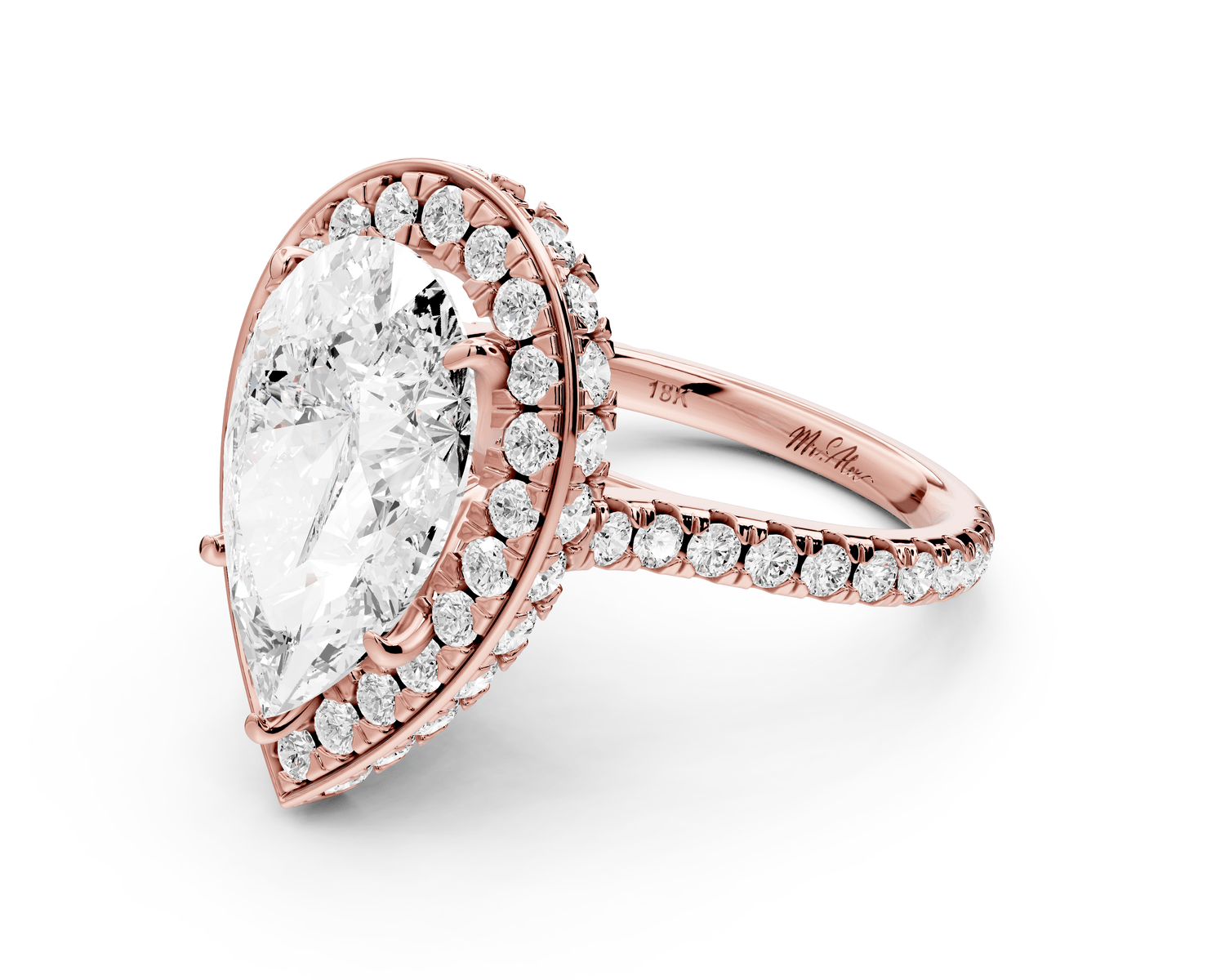 Beatrice - 5ct 18k rose gold pear stone in rollover halo with diamond bridge and pavé engagement ring - Mr. Alex Jewelry
