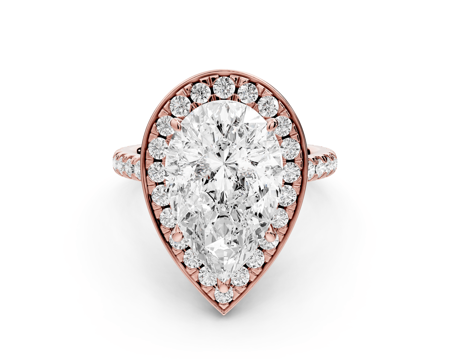 Beatrice - 5ct 18k rose gold pear stone in rollover halo with diamond bridge and pavé engagement ring - Mr. Alex Jewelry