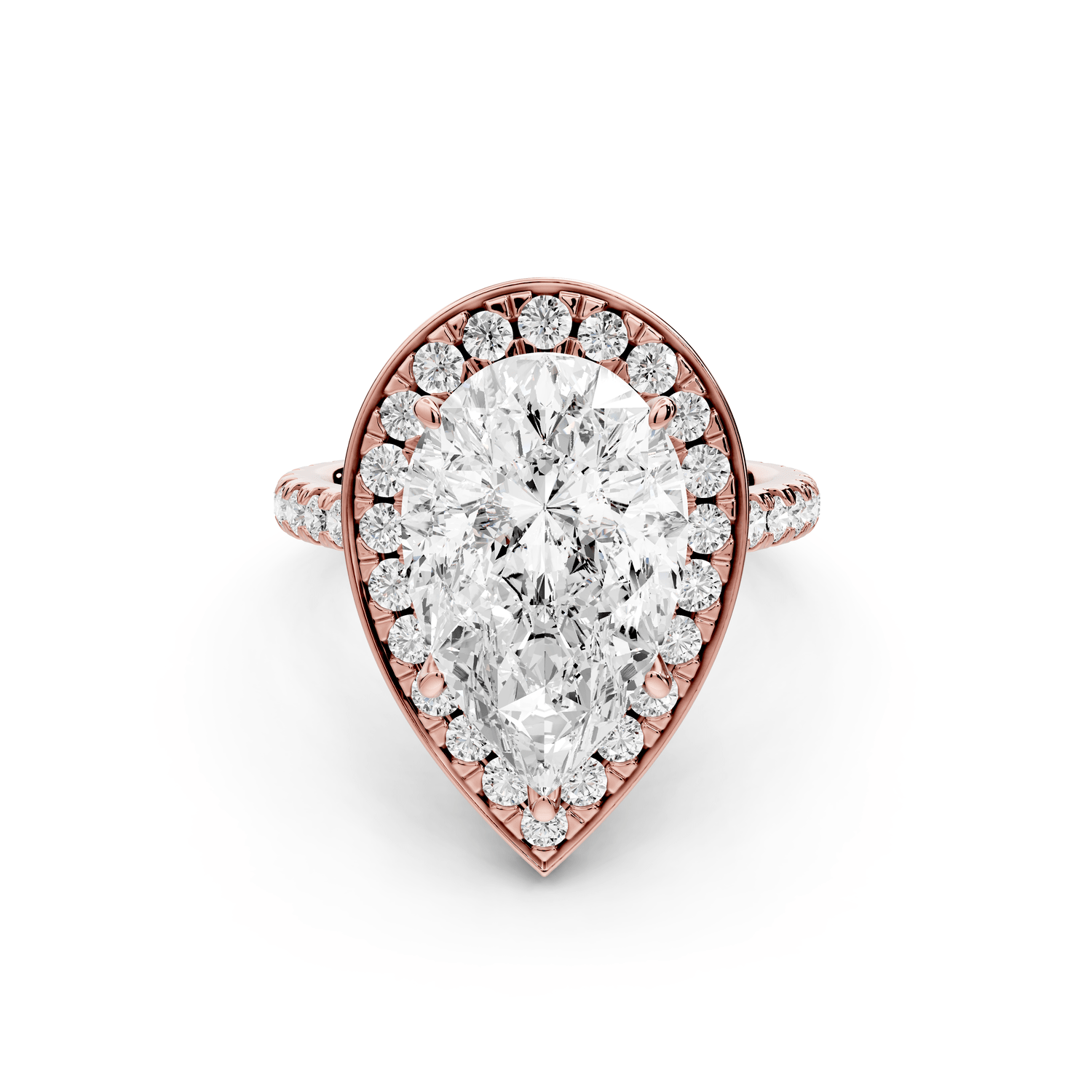 Beatrice - 5ct 18k rose gold pear stone in rollover halo with diamond bridge and pavé engagement ring - Mr. Alex Jewelry