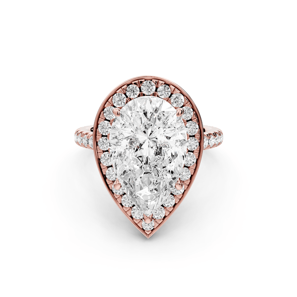 Beatrice - 5ct 18k rose gold pear stone in rollover halo with diamond bridge and pavé engagement ring - Mr. Alex Jewelry