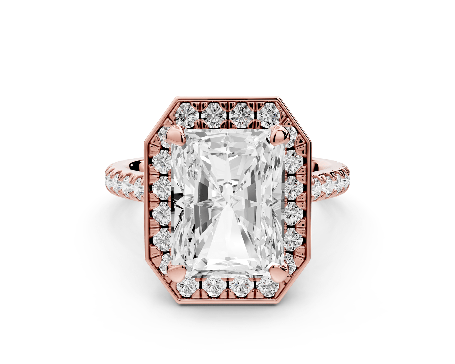 Beatrice - 5ct 18k rose gold radiant stone in rollover halo with diamond bridge and pavé engagement ring - Mr. Alex Jewelry