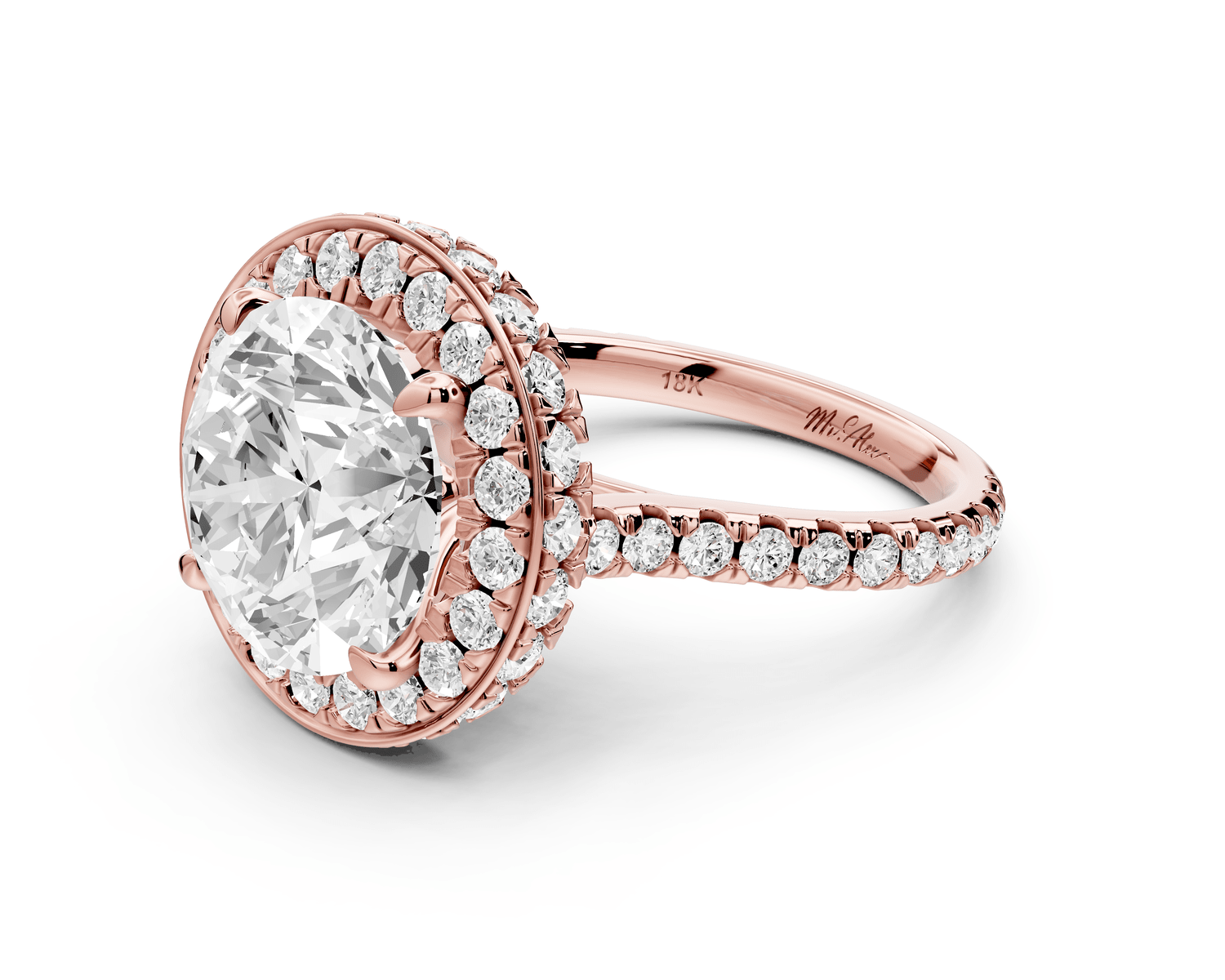 Beatrice - 5ct 18k rose gold round stone in rollover halo with diamond bridge and pavé engagement ring - Mr. Alex Jewelry