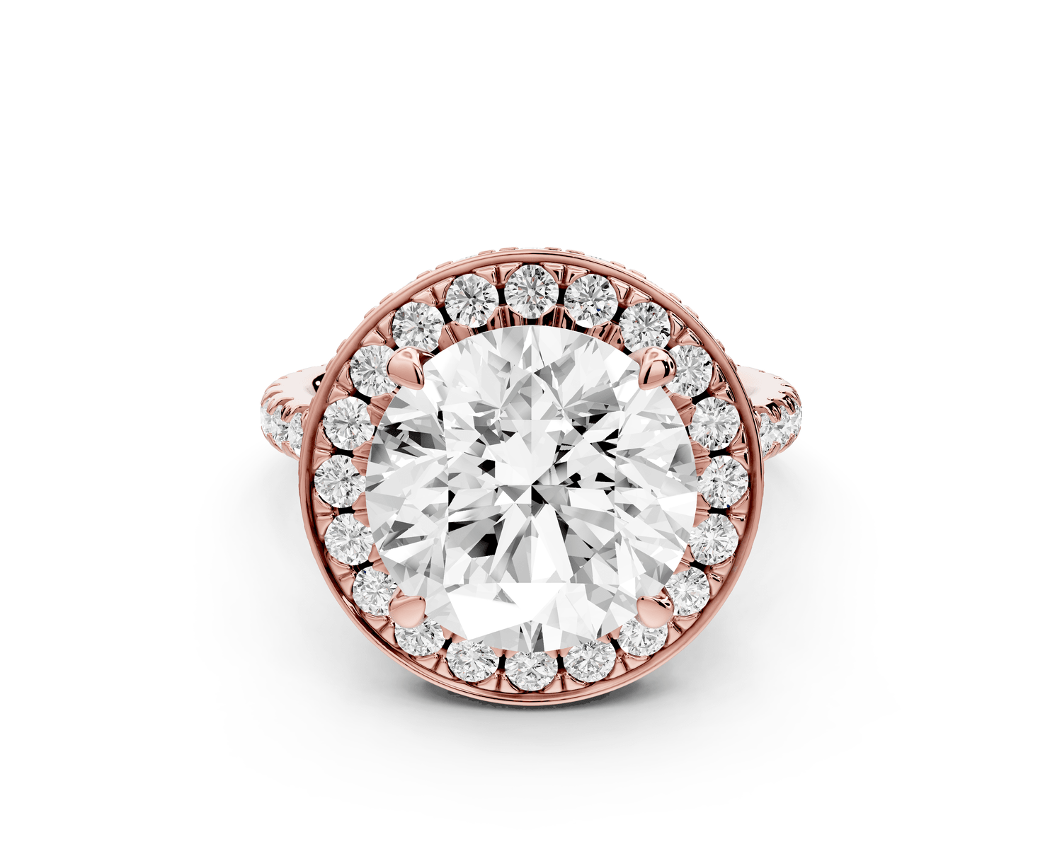 Beatrice - 5ct 18k rose gold round stone in rollover halo with diamond bridge and pavé engagement ring - Mr. Alex Jewelry