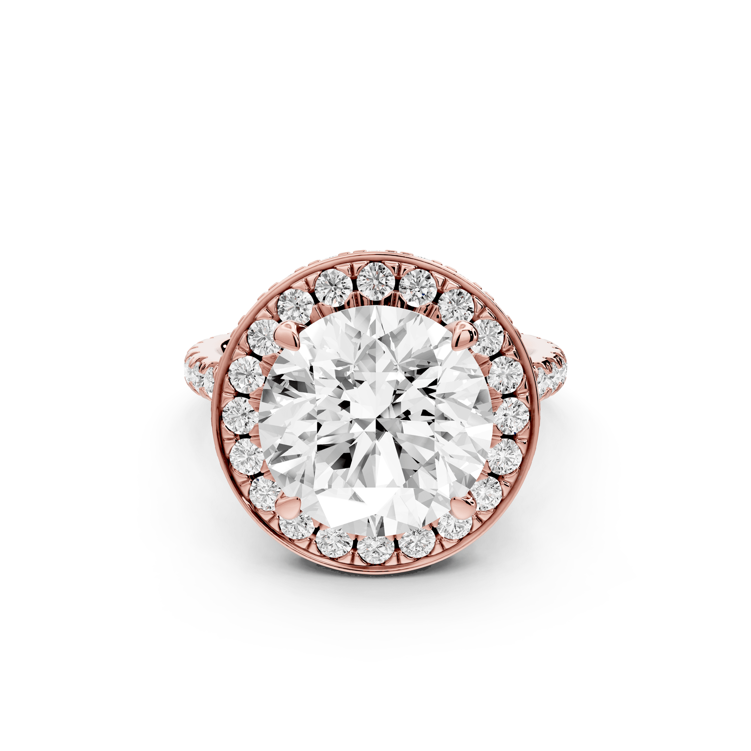 Beatrice - 5ct 18k rose gold round stone in rollover halo with diamond bridge and pavé engagement ring - Mr. Alex Jewelry