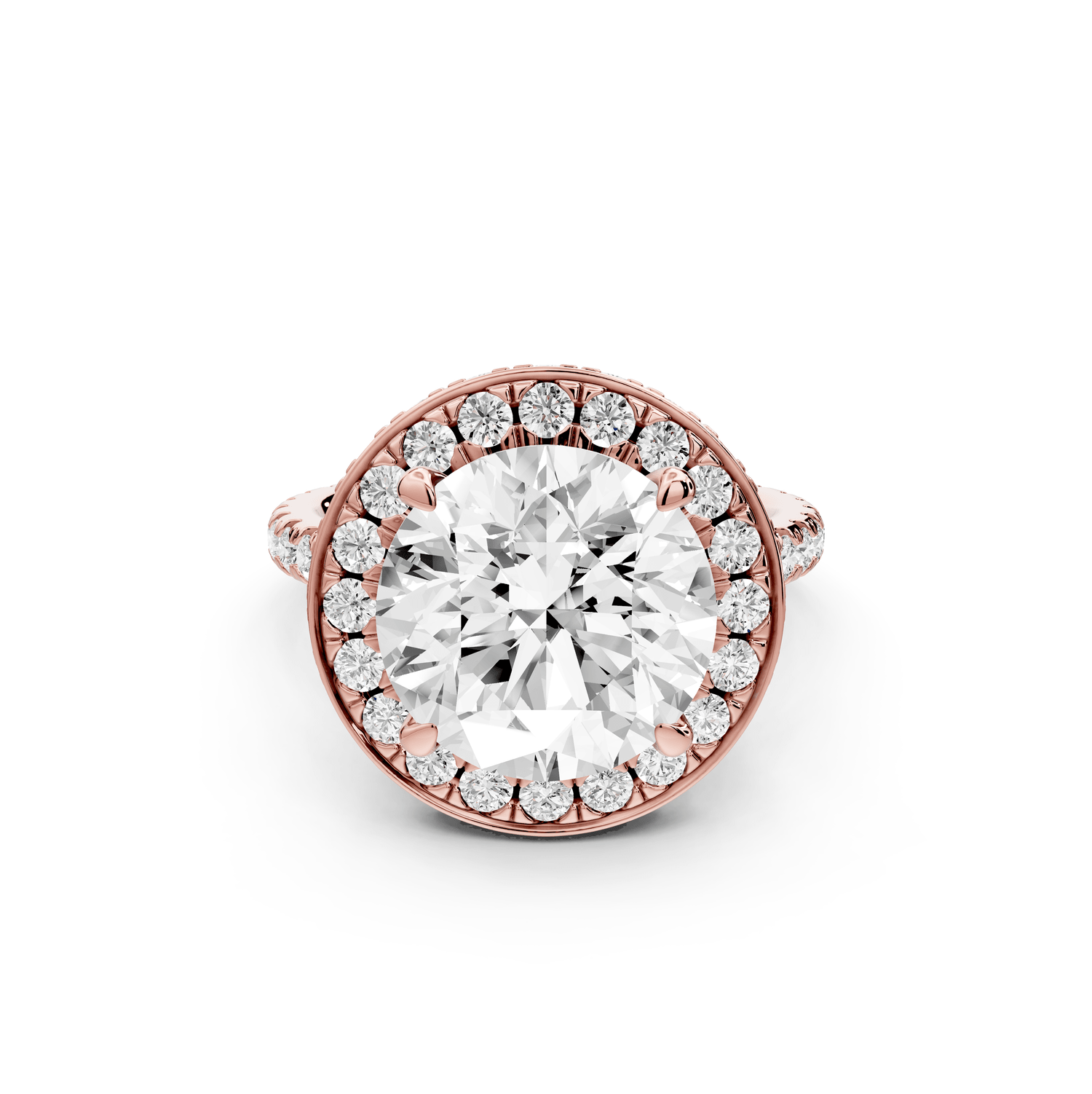 Beatrice - 5ct 18k rose gold round stone in rollover halo with diamond bridge and pavé engagement ring - Mr. Alex Jewelry
