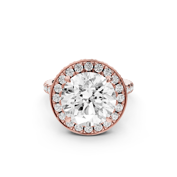 Beatrice - 5ct 18k rose gold round stone in rollover halo with diamond bridge and pavé engagement ring - Mr. Alex Jewelry