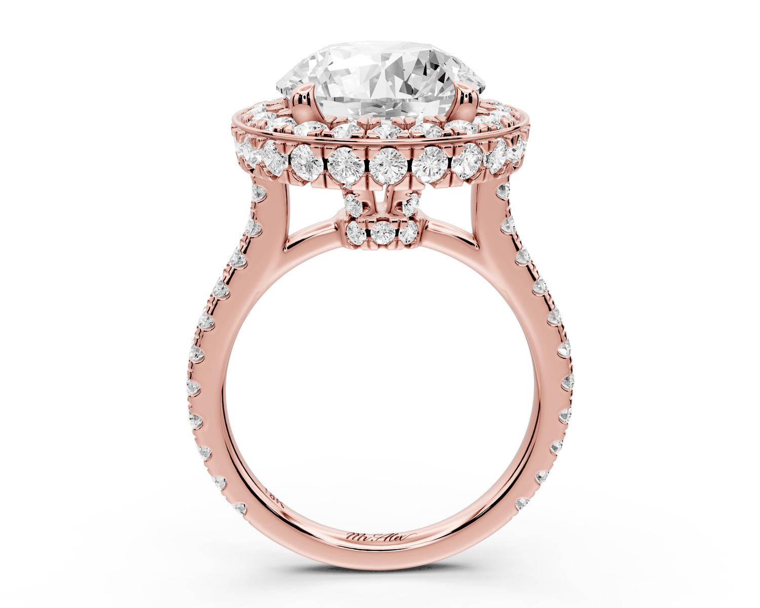 Beatrice - 5ct 18k rose gold round stone in rollover halo with diamond bridge and pavé engagement ring - Mr. Alex Jewelry