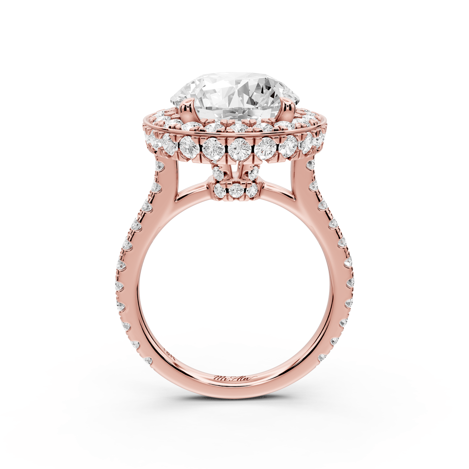 Beatrice - 5ct 18k rose gold round stone in rollover halo with diamond bridge and pavé engagement ring - Mr. Alex Jewelry