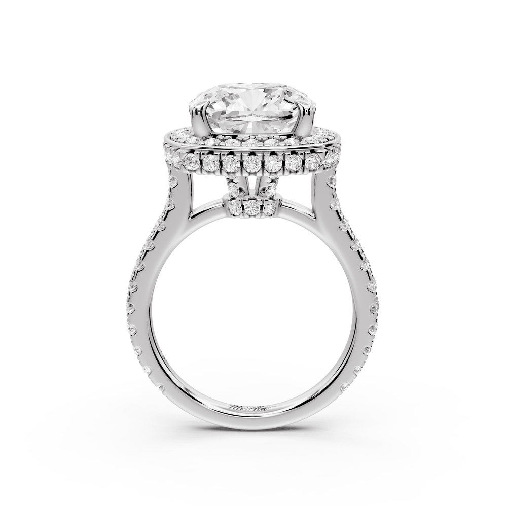Beatrice - 5ct 18k white gold cushion stone in rollover halo with diamond bridge and pavé engagement ring - Mr. Alex Jewelry