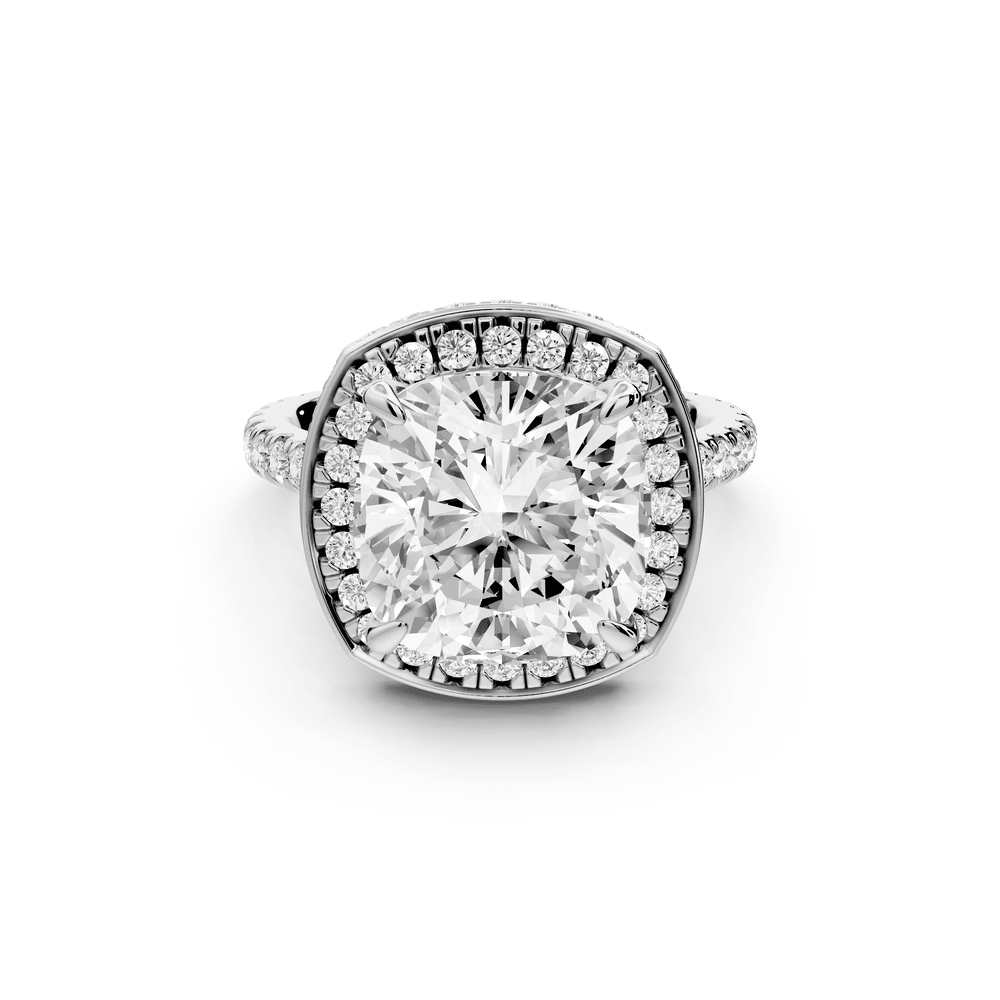 Beatrice - 5ct 18k white gold cushion stone in rollover halo with diamond bridge and pavé engagement ring - Mr. Alex Jewelry