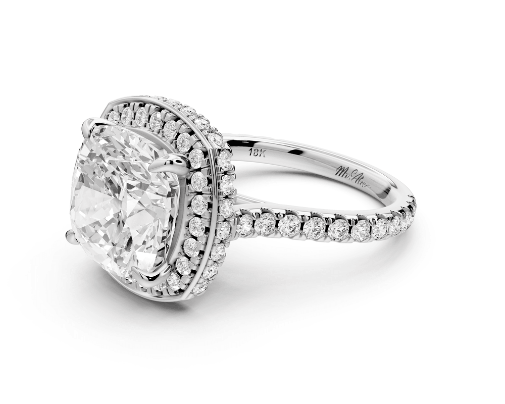 Beatrice - 5ct 18k white gold cushion stone in rollover halo with diamond bridge and pavé engagement ring - Mr. Alex Jewelry