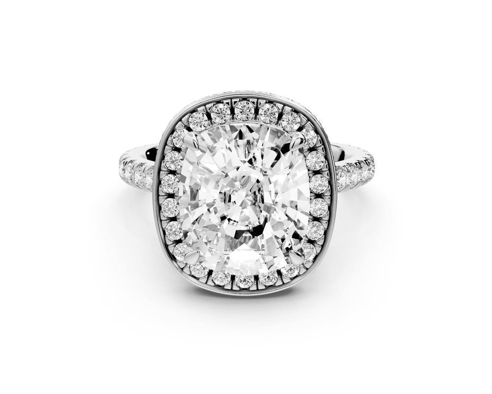 Beatrice - 5ct 18k white gold ecushion stone in rollover halo with diamond bridge and pavé engagement ring - Mr. Alex Jewelry
