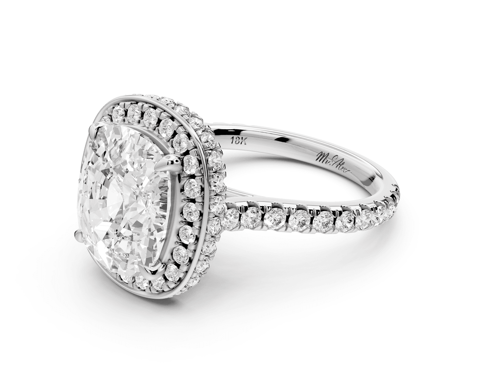 Beatrice - 5ct 18k white gold ecushion stone in rollover halo with diamond bridge and pavé engagement ring - Mr. Alex Jewelry