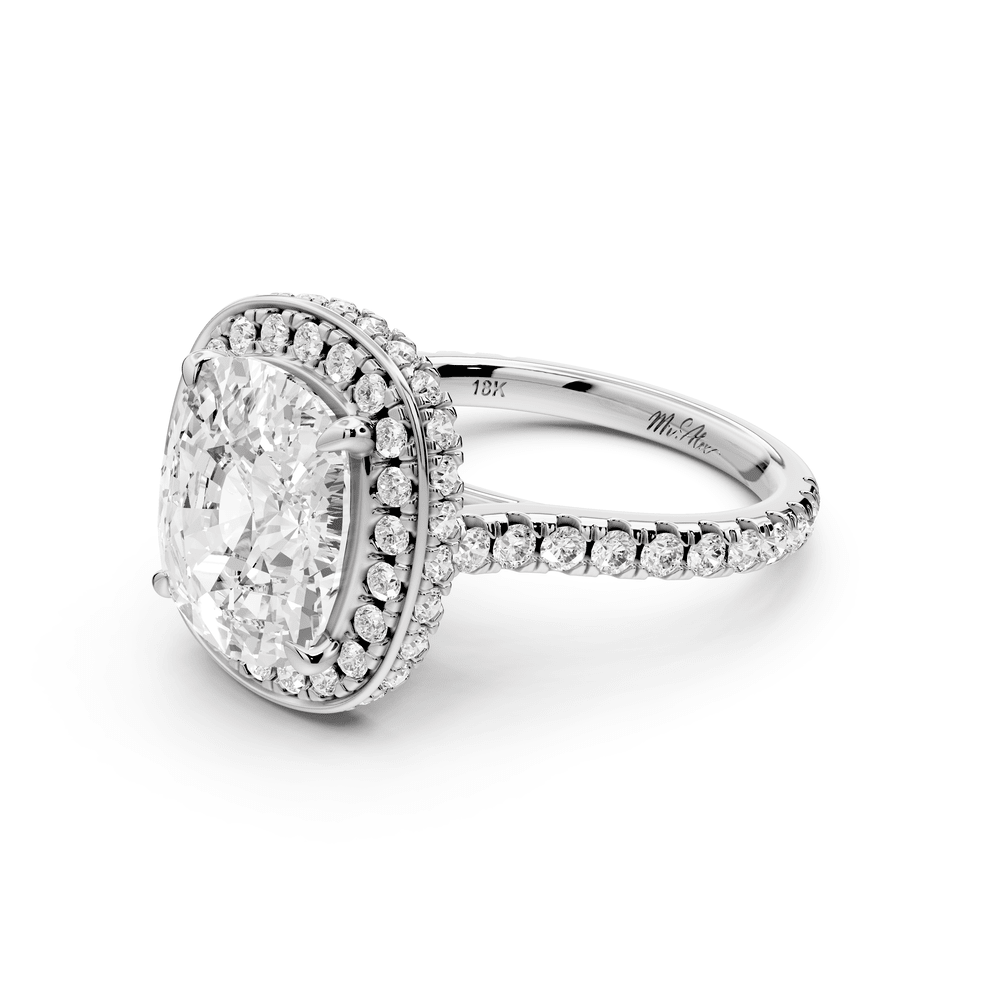 Beatrice - 5ct 18k white gold ecushion stone in rollover halo with diamond bridge and pavé engagement ring - Mr. Alex Jewelry