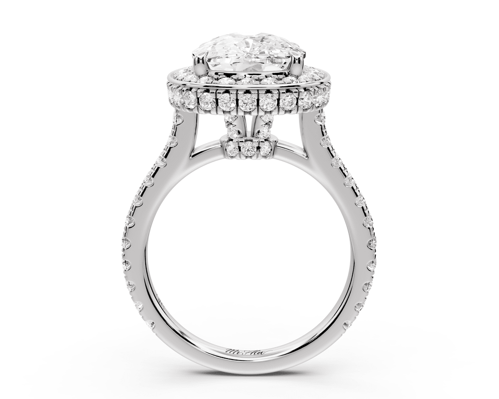 Beatrice - 5ct 18k white gold ecushion stone in rollover halo with diamond bridge and pavé engagement ring - Mr. Alex Jewelry