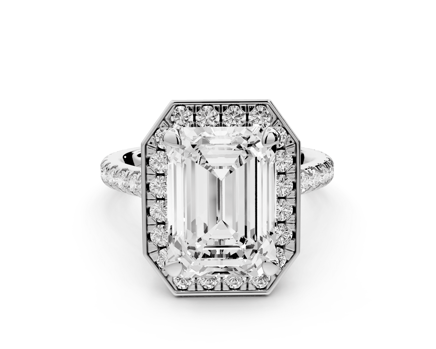 Beatrice - 5ct 18k white gold emerald stone in rollover halo with diamond bridge and pavé engagement ring - Mr. Alex Jewelry