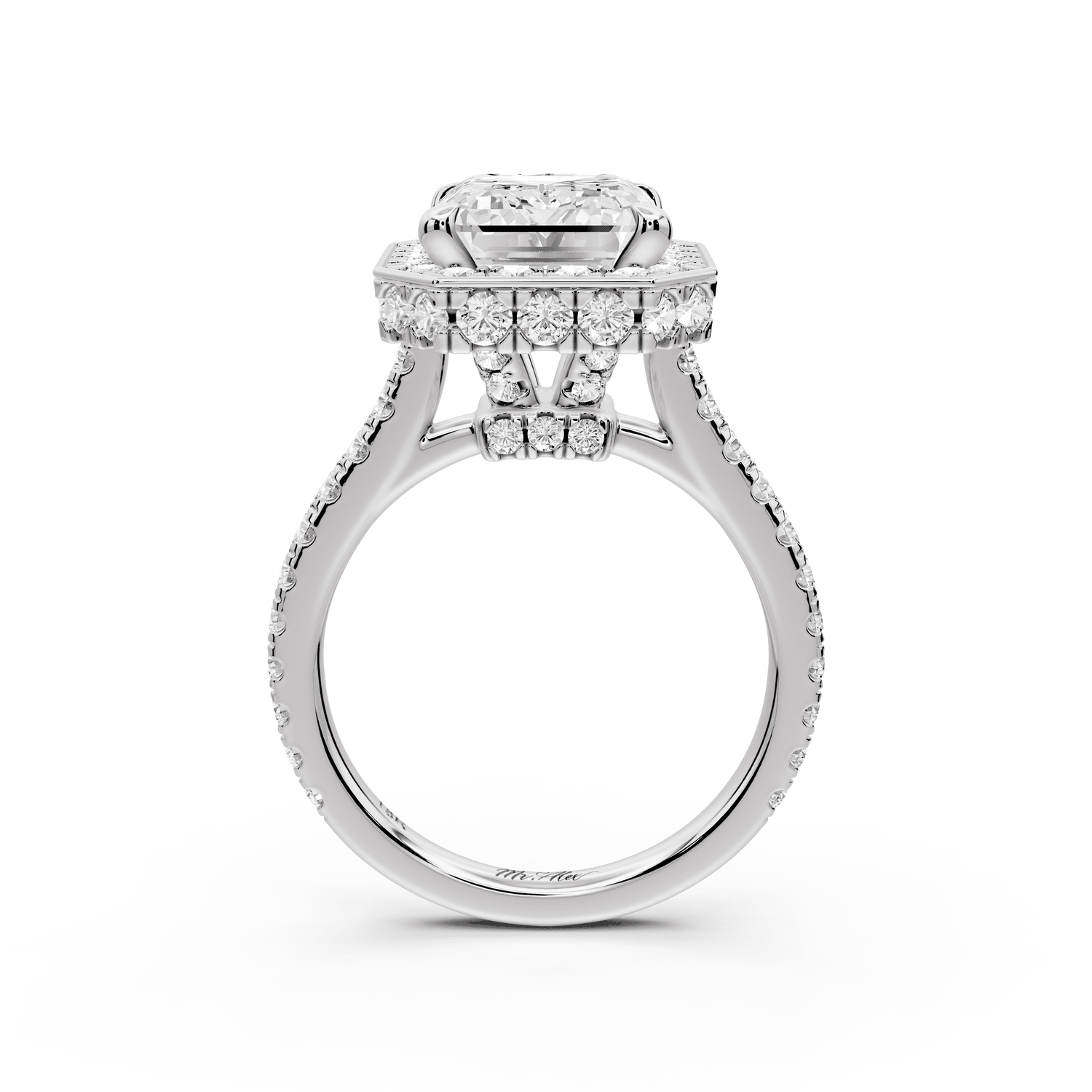 Beatrice - 5ct 18k white gold emerald stone in rollover halo with diamond bridge and pavé engagement ring - Mr. Alex Jewelry