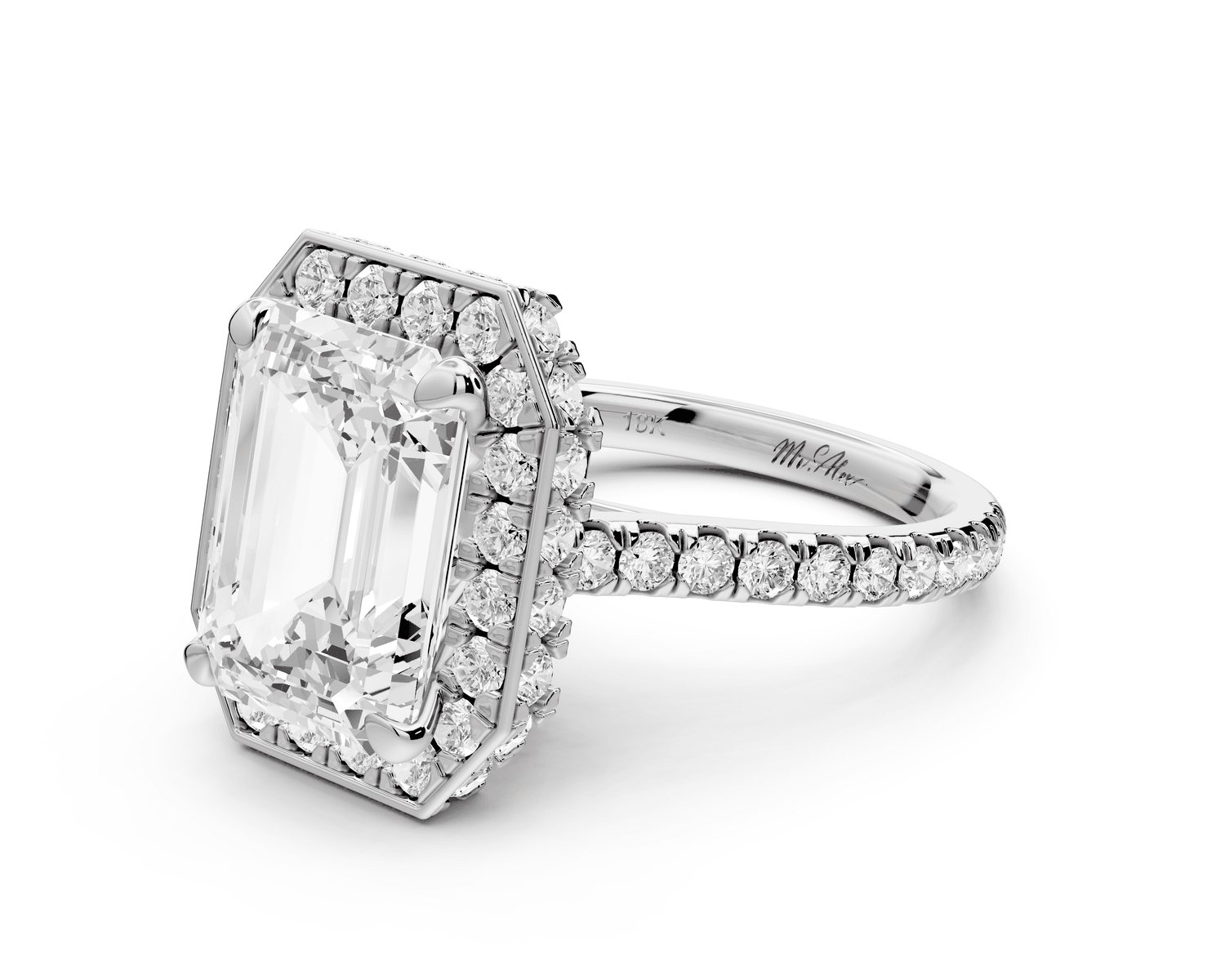 Beatrice - 5ct 18k white gold emerald stone in rollover halo with diamond bridge and pavé engagement ring - Mr. Alex Jewelry