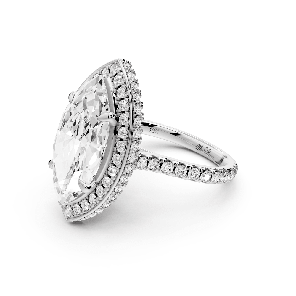 Beatrice - 5ct 18k white gold marquise stone in rollover halo with diamond bridge and pavé engagement ring - Mr. Alex Jewelry