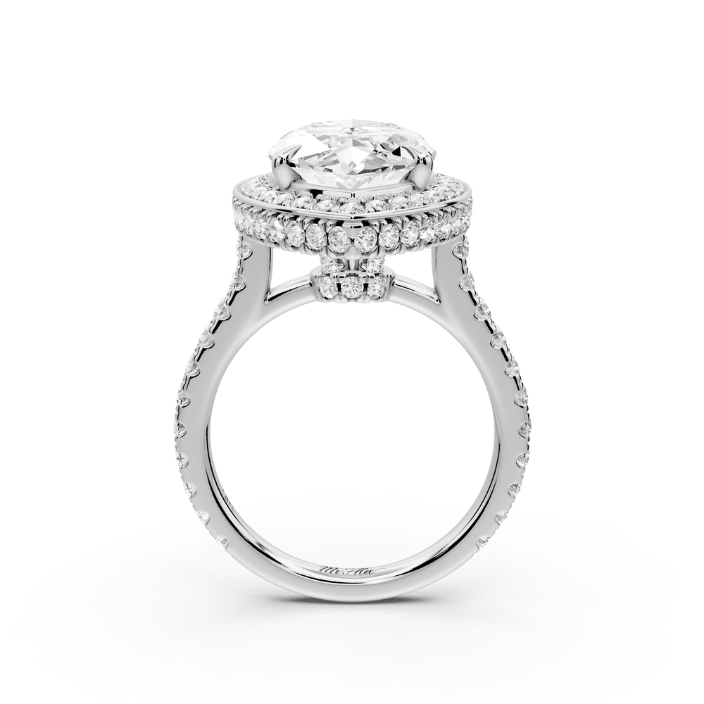 Beatrice - 5ct 18k white gold marquise stone in rollover halo with diamond bridge and pavé engagement ring - Mr. Alex Jewelry