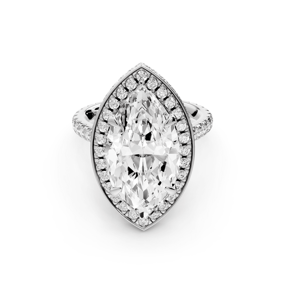 Beatrice - 5ct 18k white gold marquise stone in rollover halo with diamond bridge and pavé engagement ring - Mr. Alex Jewelry