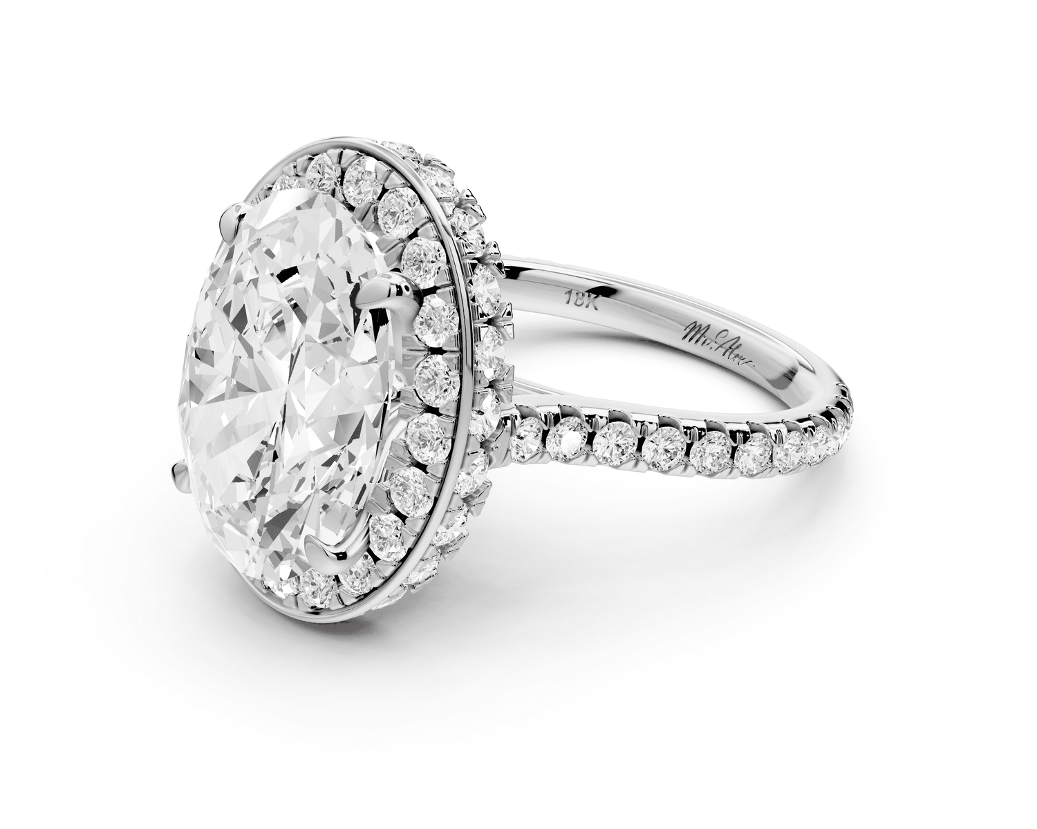 Beatrice - 5ct 18k white gold oval stone in rollover halo with diamond bridge and pavé engagement ring - Mr. Alex Jewelry