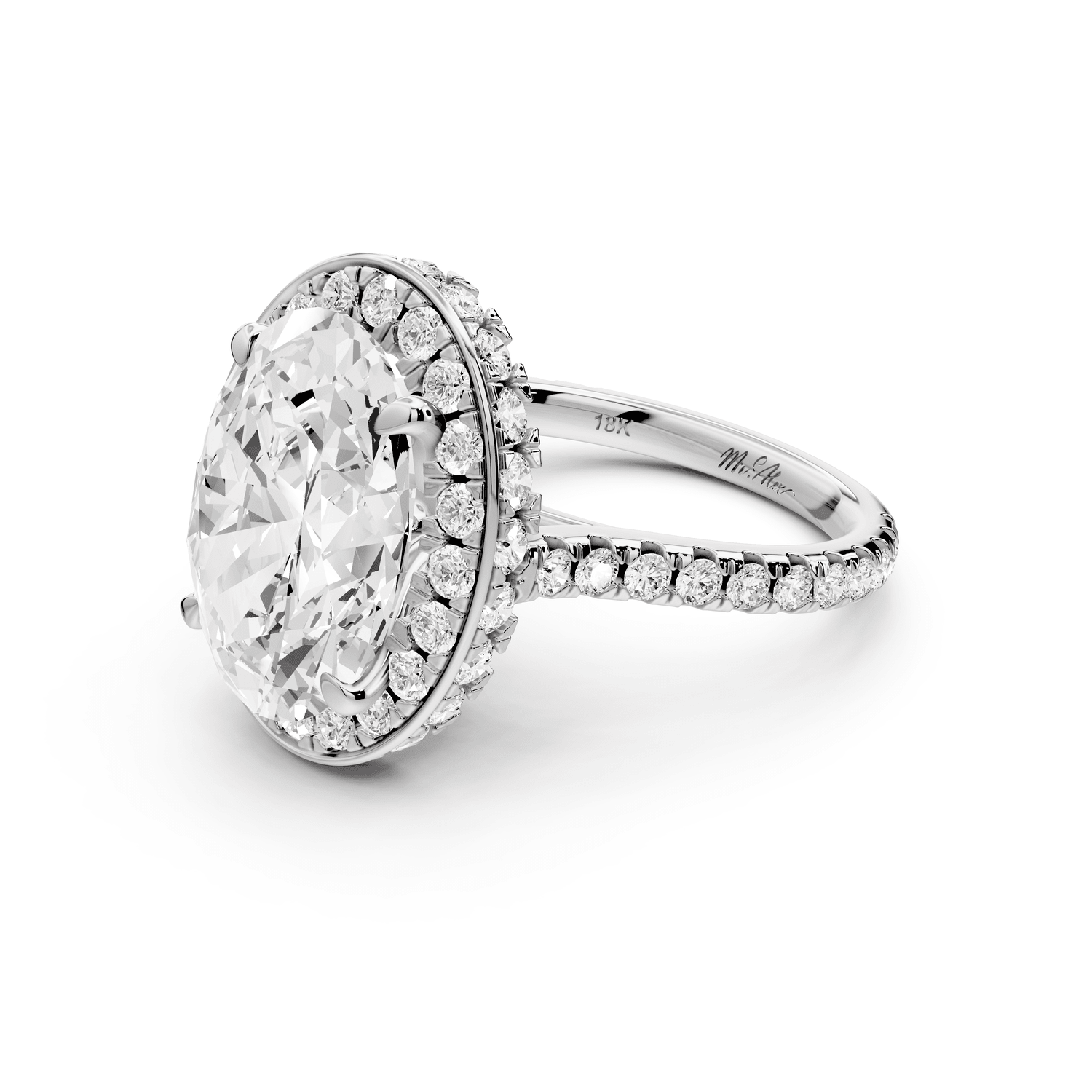 Beatrice - 5ct 18k white gold oval stone in rollover halo with diamond bridge and pavé engagement ring - Mr. Alex Jewelry