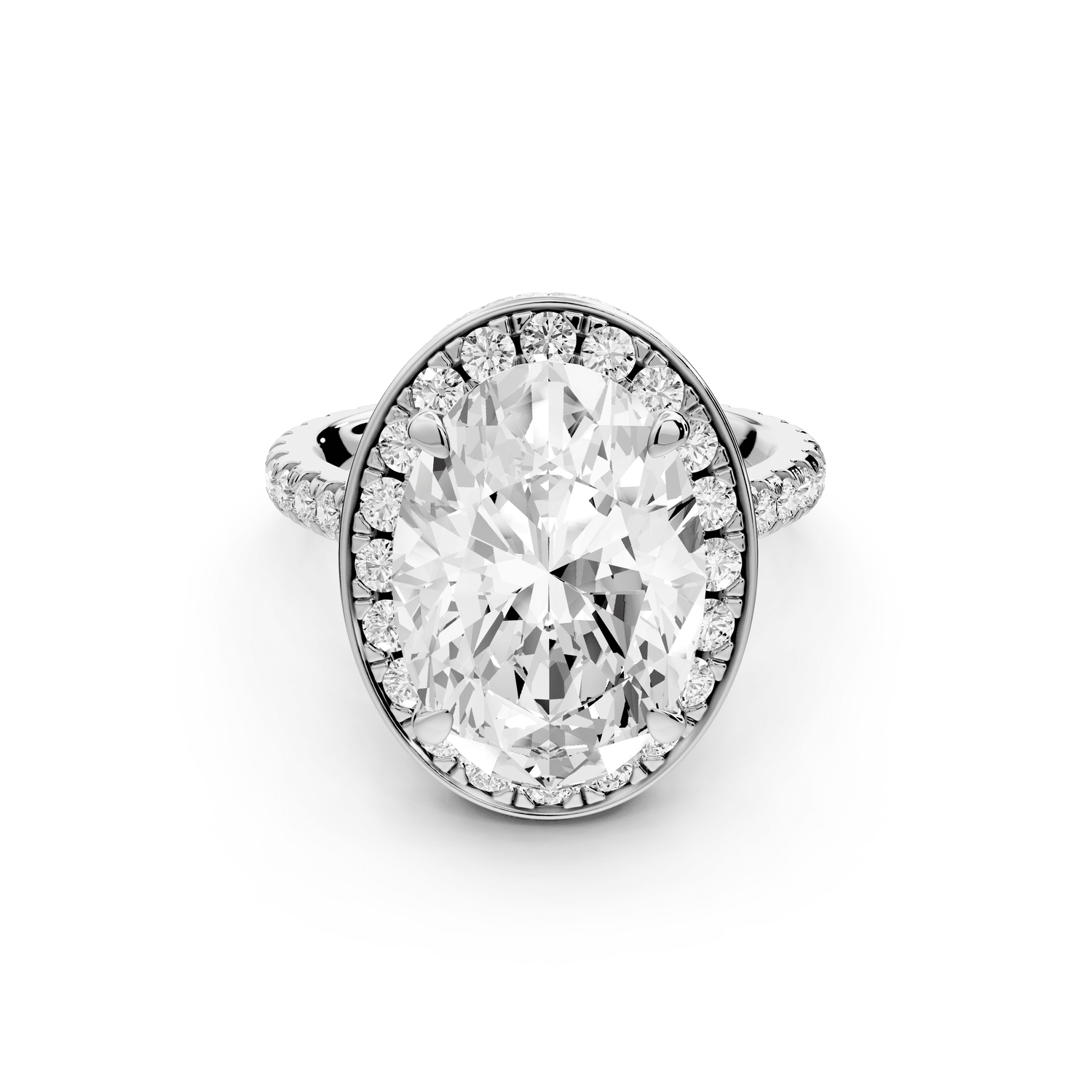 Beatrice - 5ct 18k white gold oval stone in rollover halo with diamond bridge and pavé engagement ring - Mr. Alex Jewelry