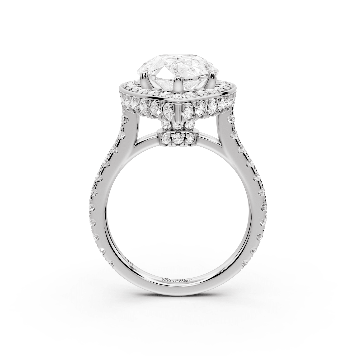 Beatrice - 5ct 18k white gold pear stone in rollover halo with diamond bridge and pavé engagement ring - Mr. Alex Jewelry