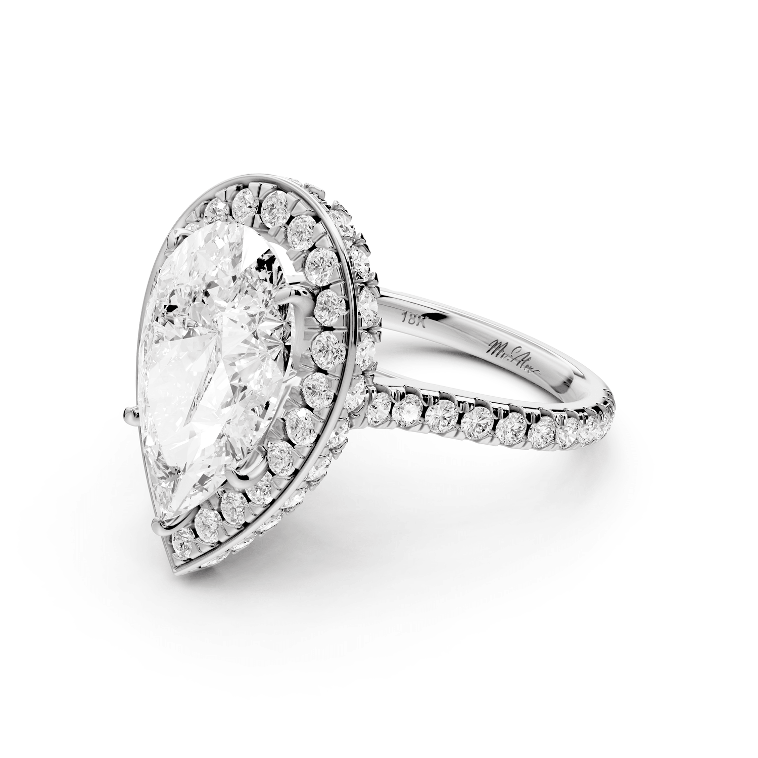 Beatrice - 5ct 18k white gold pear stone in rollover halo with diamond bridge and pavé engagement ring - Mr. Alex Jewelry